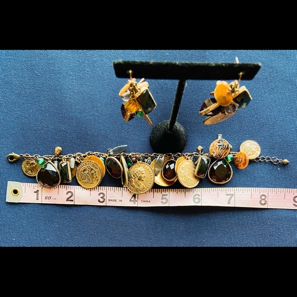 Coin Charm Bracelet, Pendant and Earrings Mixed Media, Jewels, Rhinestones - Picture 11 of 16